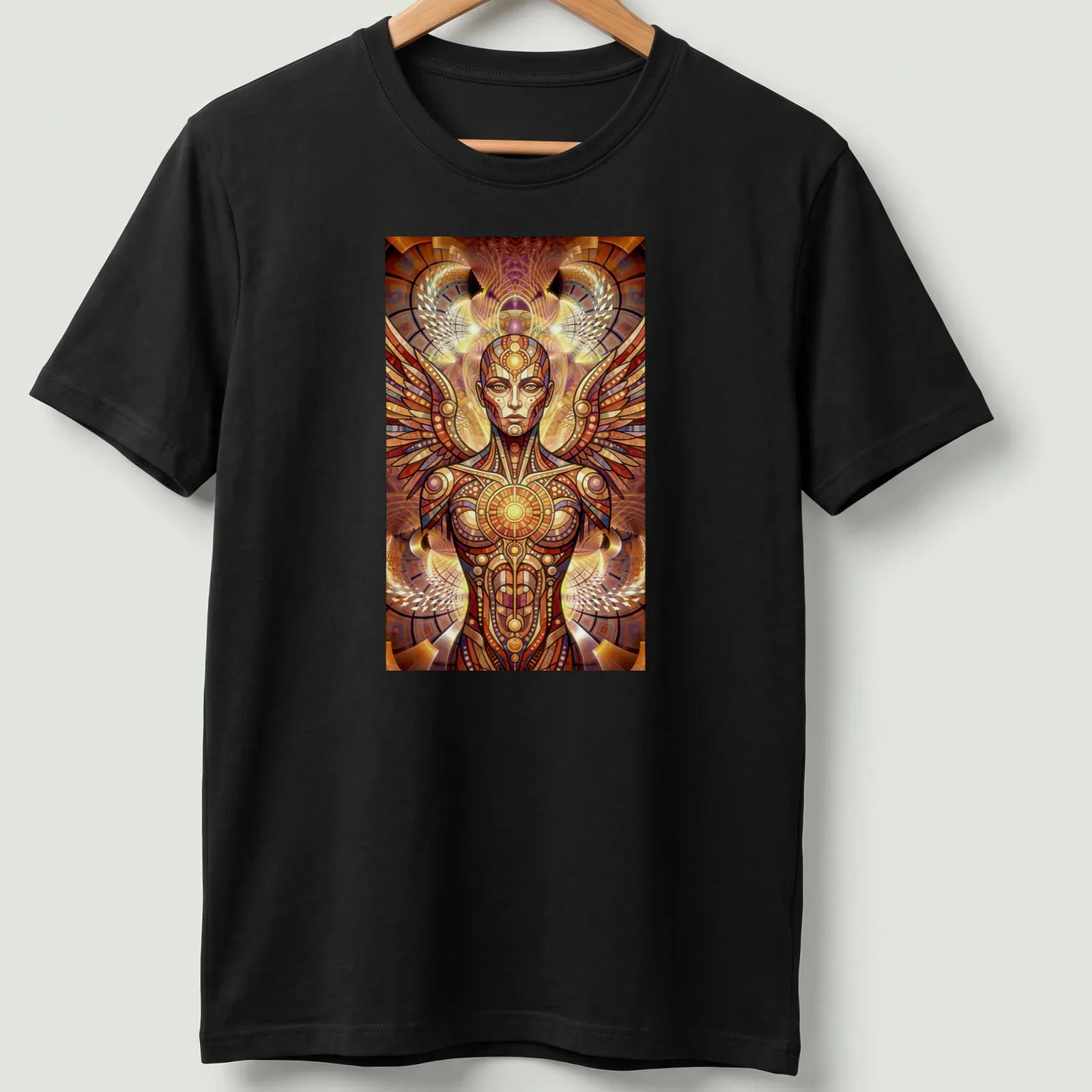 Psychedelic mosaic of a winged being in vibrant colors — printed on a unisex t-shirt