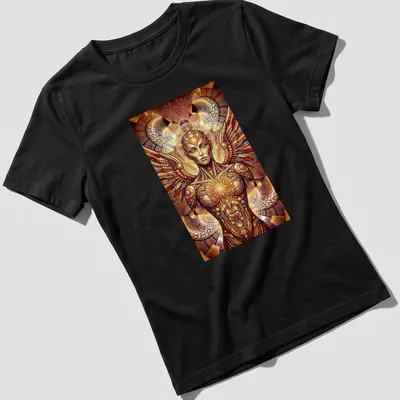 Psychedelic mosaic of a winged being in vibrant colors — printed on a women's shirt