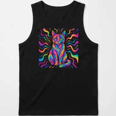Psychedelic design of a rainbow cat with vibrant colors like pink, blue, and yellow. — printed on a tank top