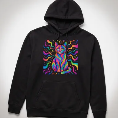 Psychedelic design of a rainbow cat with vibrant colors like pink, blue, and yellow. — printed on a unisex hoodie