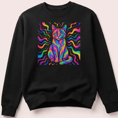 Psychedelic design of a rainbow cat with vibrant colors like pink, blue, and yellow. — printed on a unisex sweatshirt
