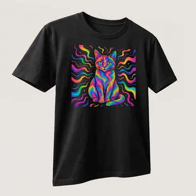 Psychedelic design of a rainbow cat with vibrant colors like pink, blue, and yellow. — printed on a unisex t-shirt (angled view)
