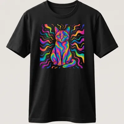 Psychedelic design of a rainbow cat with vibrant colors like pink, blue, and yellow.