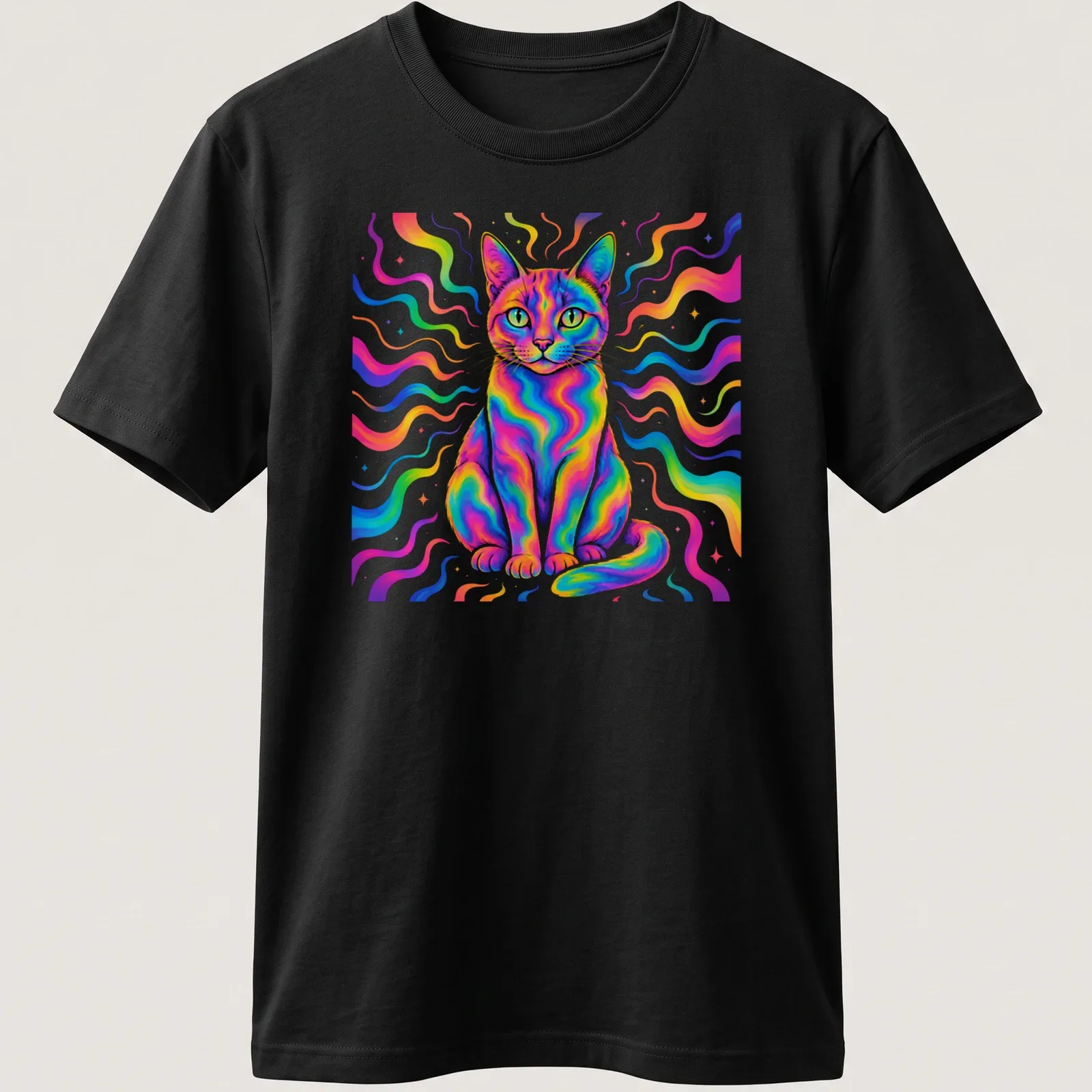 Psychedelic design of a rainbow cat with vibrant colors like pink, blue, and yellow. — printed on a unisex t-shirt