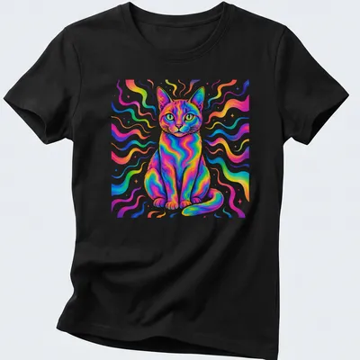 Psychedelic design of a rainbow cat with vibrant colors like pink, blue, and yellow. — printed on a women's shirt