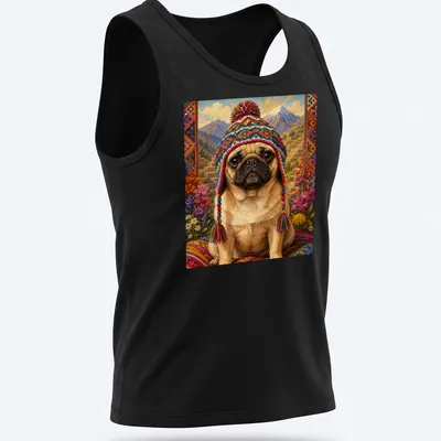 Illustration of a pug wearing a colorful hat with vibrant hues and text above — printed on a tank top