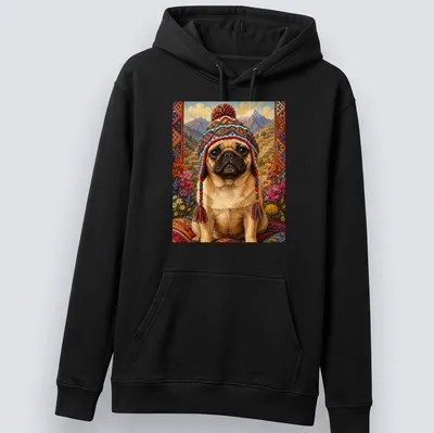 Illustration of a pug wearing a colorful hat with vibrant hues and text above — printed on a unisex hoodie