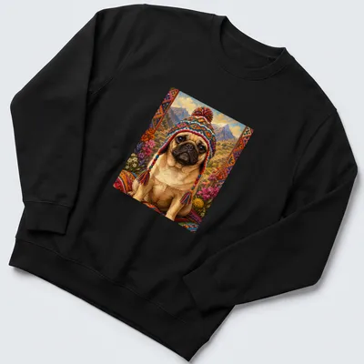 Illustration of a pug wearing a colorful hat with vibrant hues and text above — printed on a unisex sweatshirt