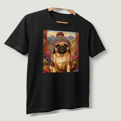 Illustration of a pug wearing a colorful hat with vibrant hues and text above — printed on a unisex t-shirt (angled view)