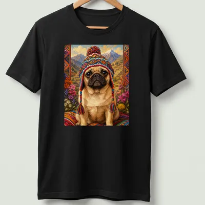 Illustration of a pug wearing a colorful hat with vibrant hues and text above