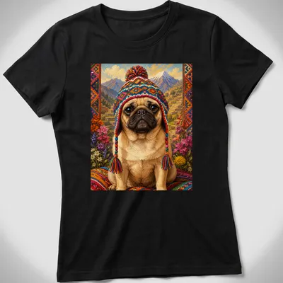 Illustration of a pug wearing a colorful hat with vibrant hues and text above — printed on a women's shirt