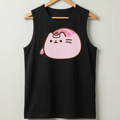 Kawaii Pusheen cat illustration with cherry on top in pink, white, and brown — printed on a tank top