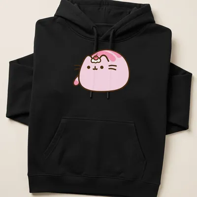 Kawaii Pusheen cat illustration with cherry on top in pink, white, and brown — printed on a unisex hoodie