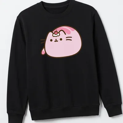 Kawaii Pusheen cat illustration with cherry on top in pink, white, and brown — printed on a unisex sweatshirt