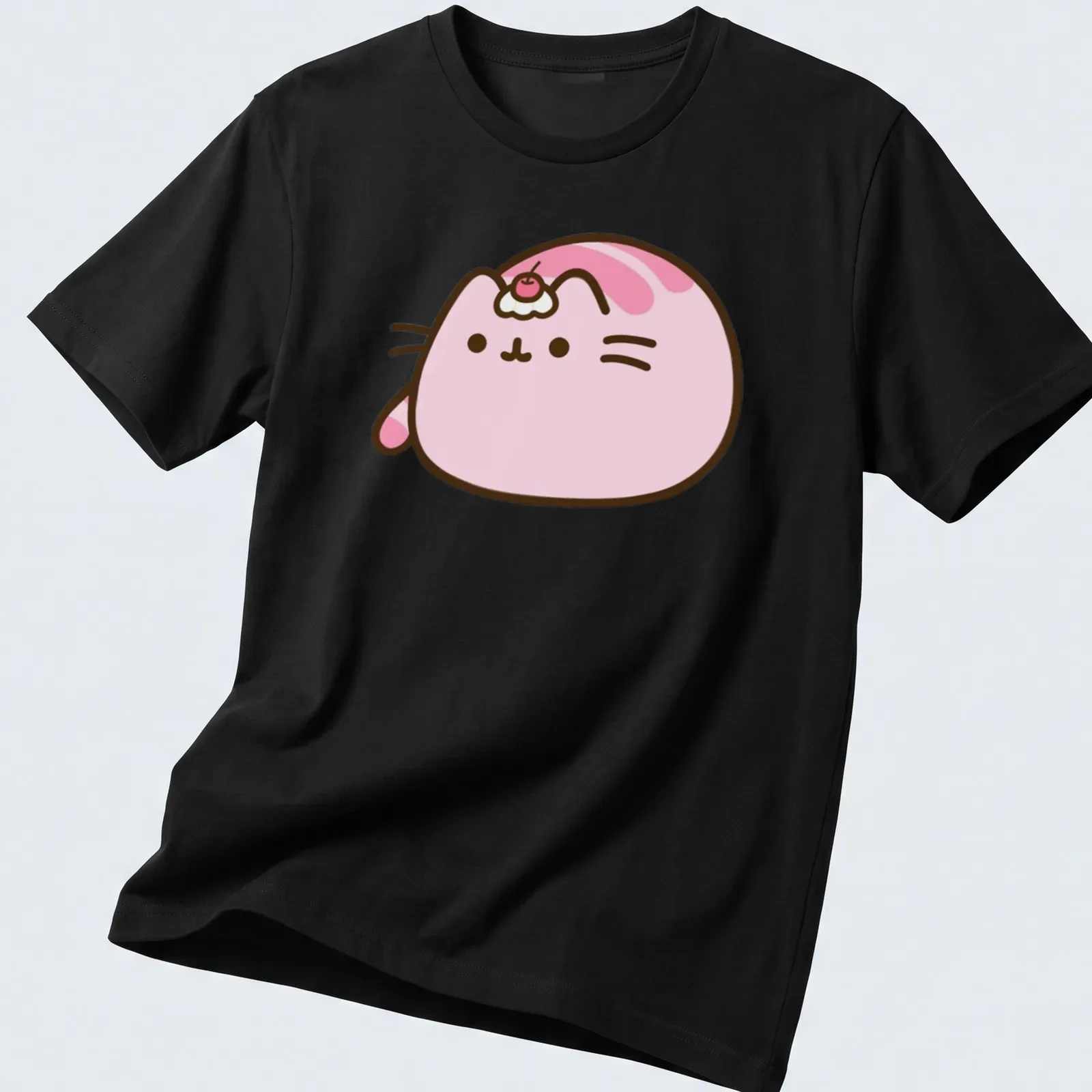 Kawaii Pusheen cat illustration with cherry on top in pink, white, and brown — printed on a unisex t-shirt