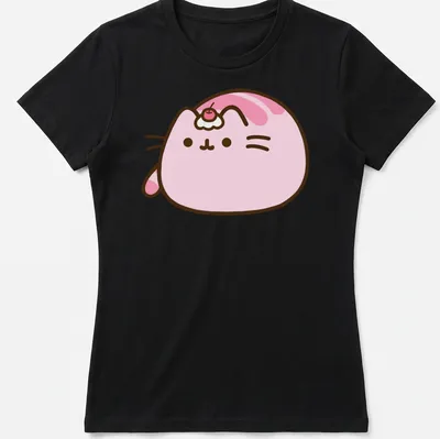 Kawaii Pusheen cat illustration with cherry on top in pink, white, and brown — printed on a women's shirt