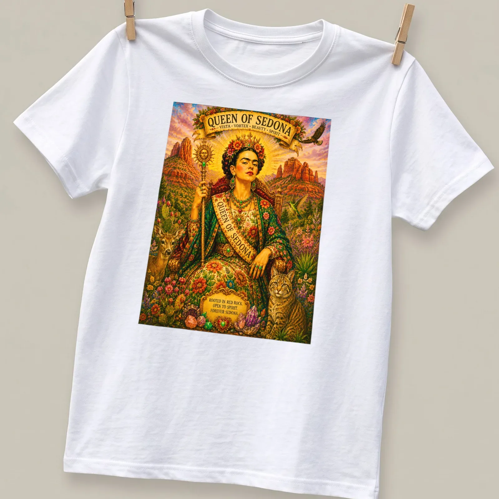 Frida Kahlo graphic tee with vibrant colors and detailed artwork celebrating Sedona. — printed on a unisex t-shirt