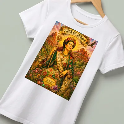 Frida Kahlo graphic tee with vibrant colors and detailed artwork celebrating Sedona. — printed on a women's shirt