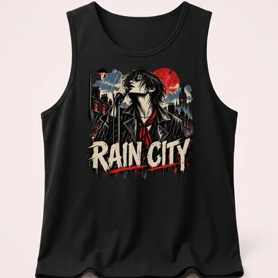 Vintage rock style shirt featuring a singer in a rainy urban scene with bold lettering — printed on a tank top