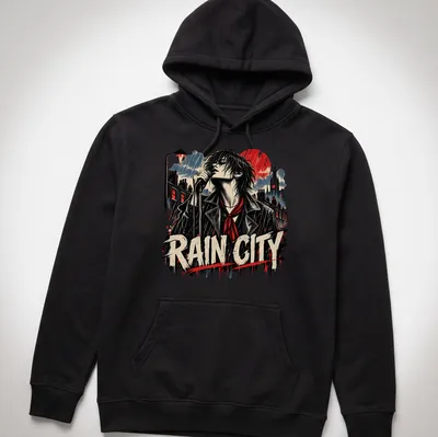 Vintage rock style shirt featuring a singer in a rainy urban scene with bold lettering — printed on a unisex hoodie