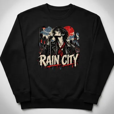 Vintage rock style shirt featuring a singer in a rainy urban scene with bold lettering — printed on a unisex sweatshirt