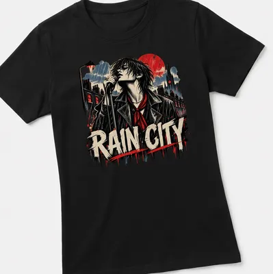 Vintage rock style shirt featuring a singer in a rainy urban scene with bold lettering — printed on a women's shirt