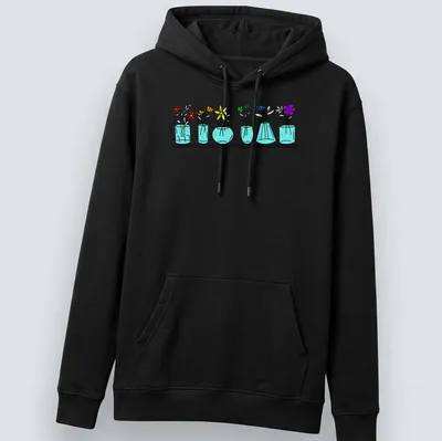 Line-art t-shirt featuring colorful flowers in vases, symbolizing pride and diversity. — printed on a unisex hoodie