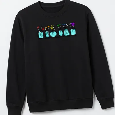 Line-art t-shirt featuring colorful flowers in vases, symbolizing pride and diversity. — printed on a unisex sweatshirt