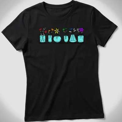 Line-art t-shirt featuring colorful flowers in vases, symbolizing pride and diversity. — printed on a women's shirt