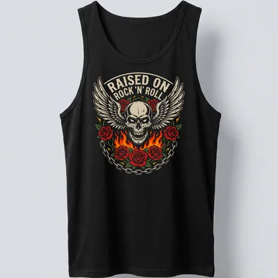 Bold vintage graphic of a winged skull entwined with roses and text RAISED ON ROCK 'N' ROLL — printed on a tank top