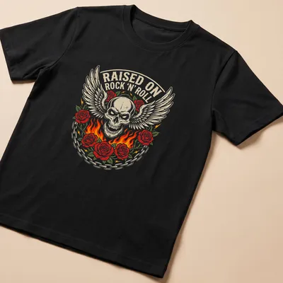 Bold vintage graphic of a winged skull entwined with roses and text RAISED ON ROCK 'N' ROLL