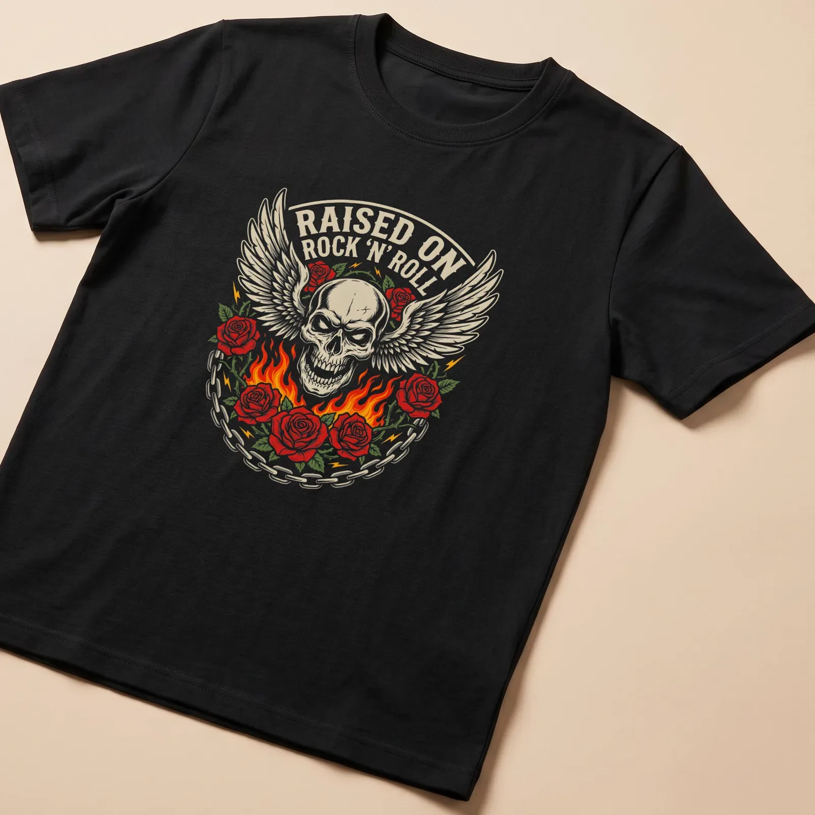 Bold vintage graphic of a winged skull entwined with roses and text RAISED ON ROCK 'N' ROLL — printed on a unisex t-shirt