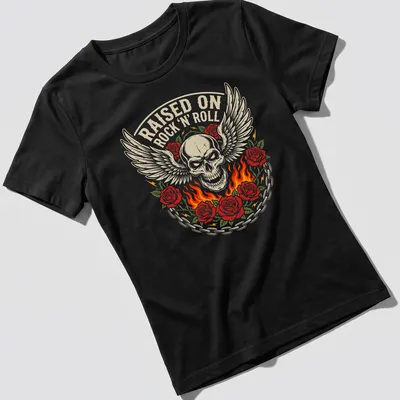 Bold vintage graphic of a winged skull entwined with roses and text RAISED ON ROCK 'N' ROLL — printed on a women's shirt