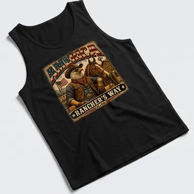Vintage cowboy eagle design on a tee with rustic text about America — printed on a tank top