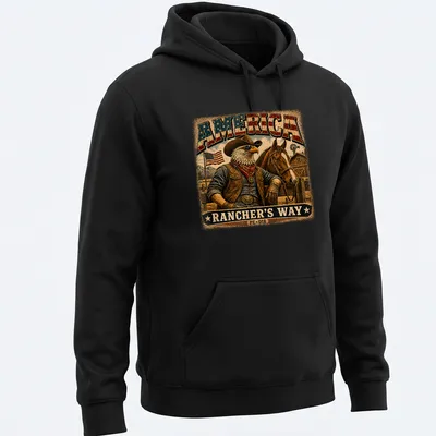 Vintage cowboy eagle design on a tee with rustic text about America — printed on a unisex hoodie