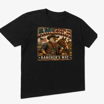 Vintage cowboy eagle design on a tee with rustic text about America — printed on a unisex t-shirt (angled view)