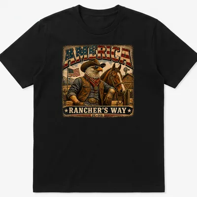 Vintage cowboy eagle design on a tee with rustic text about America