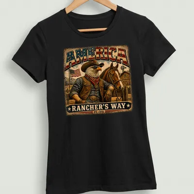 Vintage cowboy eagle design on a tee with rustic text about America — printed on a women's shirt