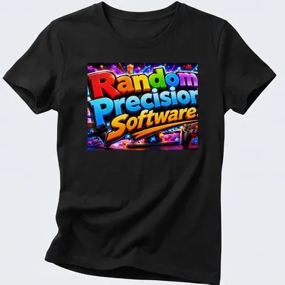 Colorful 3D gaming logo t-shirt with vibrant hues of red, blue, green, yellow, black, and orange — printed on a women's shirt