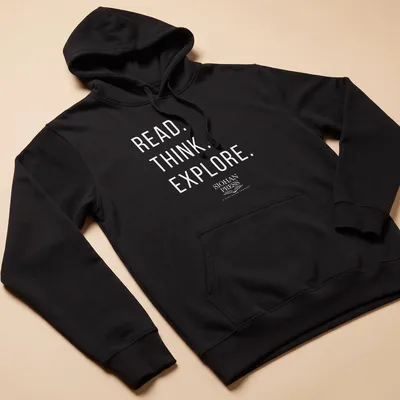 Minimalist white t-shirt with the text 'Read. Think. Explore. Siohan Press A Publishing Company' — printed on a unisex hoodie