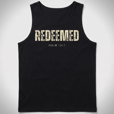 Minimal Christian tee with Redeemed Psalm 107:2 printed in beige and off-white — printed on a tank top