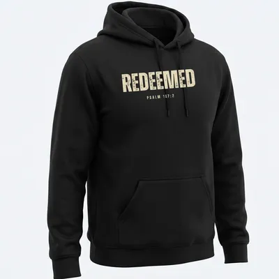 Minimal Christian tee with Redeemed Psalm 107:2 printed in beige and off-white — printed on a unisex hoodie