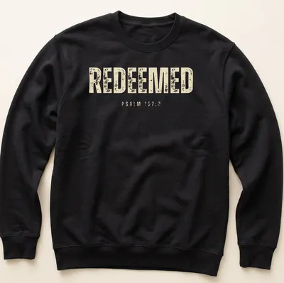 Minimal Christian tee with Redeemed Psalm 107:2 printed in beige and off-white — printed on a unisex sweatshirt