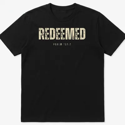 Minimal Christian tee with Redeemed Psalm 107:2 printed in beige and off-white — printed on a unisex t-shirt