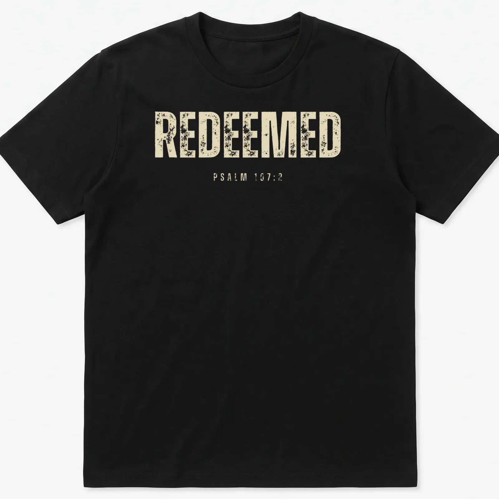 Minimal Christian tee with Redeemed Psalm 107:2 printed in beige and off-white — printed on a unisex t-shirt