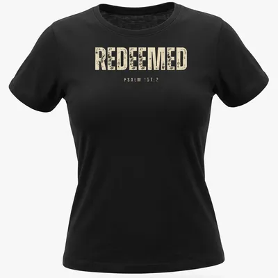 Minimal Christian tee with Redeemed Psalm 107:2 printed in beige and off-white — printed on a women's shirt
