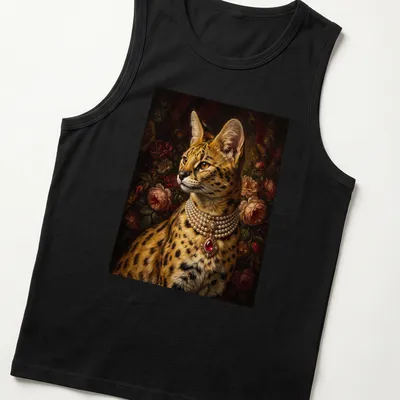 Realistic portrait of a serval cat wearing a pearl necklace in rich colors — printed on a tank top
