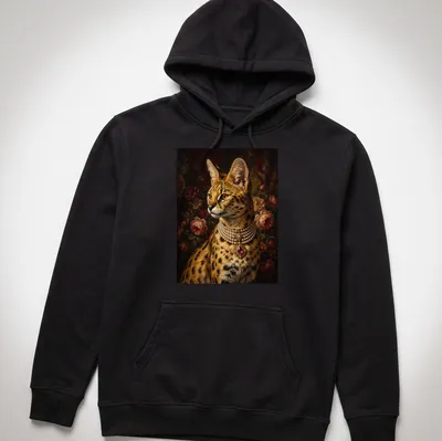Realistic portrait of a serval cat wearing a pearl necklace in rich colors — printed on a unisex hoodie