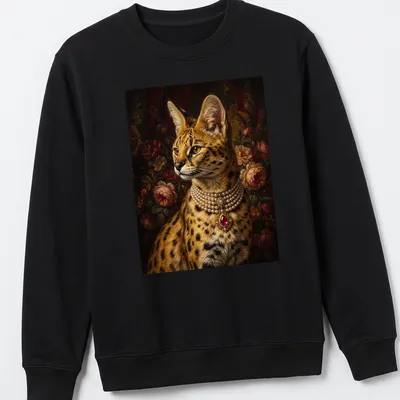 Realistic portrait of a serval cat wearing a pearl necklace in rich colors — printed on a unisex sweatshirt