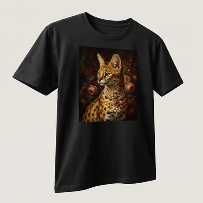 Realistic portrait of a serval cat wearing a pearl necklace in rich colors — printed on a unisex t-shirt (angled view)